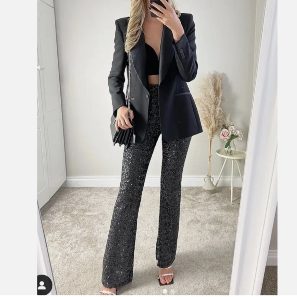 ZARA WOMAN BLACK HIGH WAIST FLARED SEQUINNED LEGGINGS PANTS NWOT SIZE S